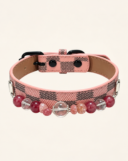 Strawberry Quartz Crystal Pet Collar – White Quartz, Green Phantom Quartz & Pink Checkerboard Band