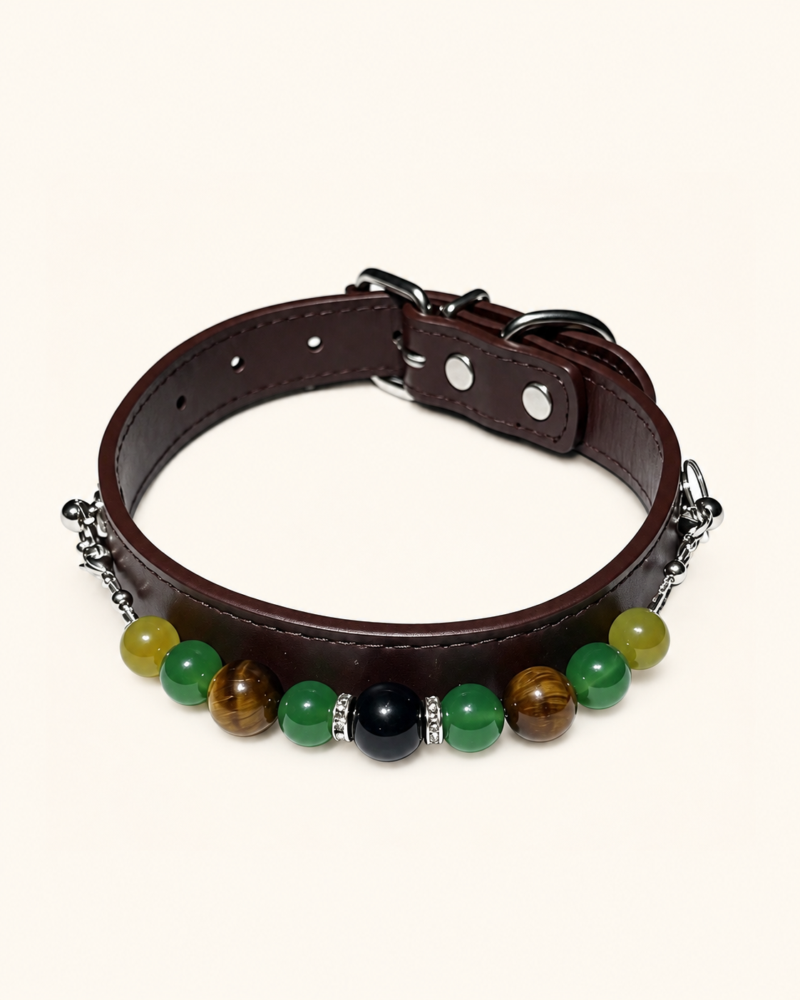 Tiger's Eye Crystal Pet Collar – Black Obsidian, Agate & Dark Brown Band