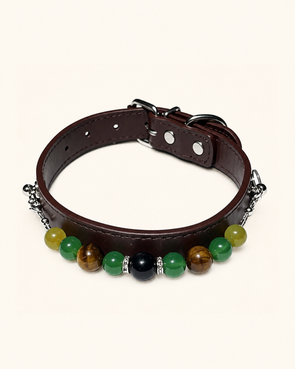 Tiger's Eye Crystal Pet Collar – Black Obsidian, Agate & Dark Brown Band