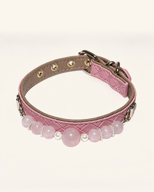 Rose Quartz Crystal Pet Collar – Soft Pink Beads & Shell Accents