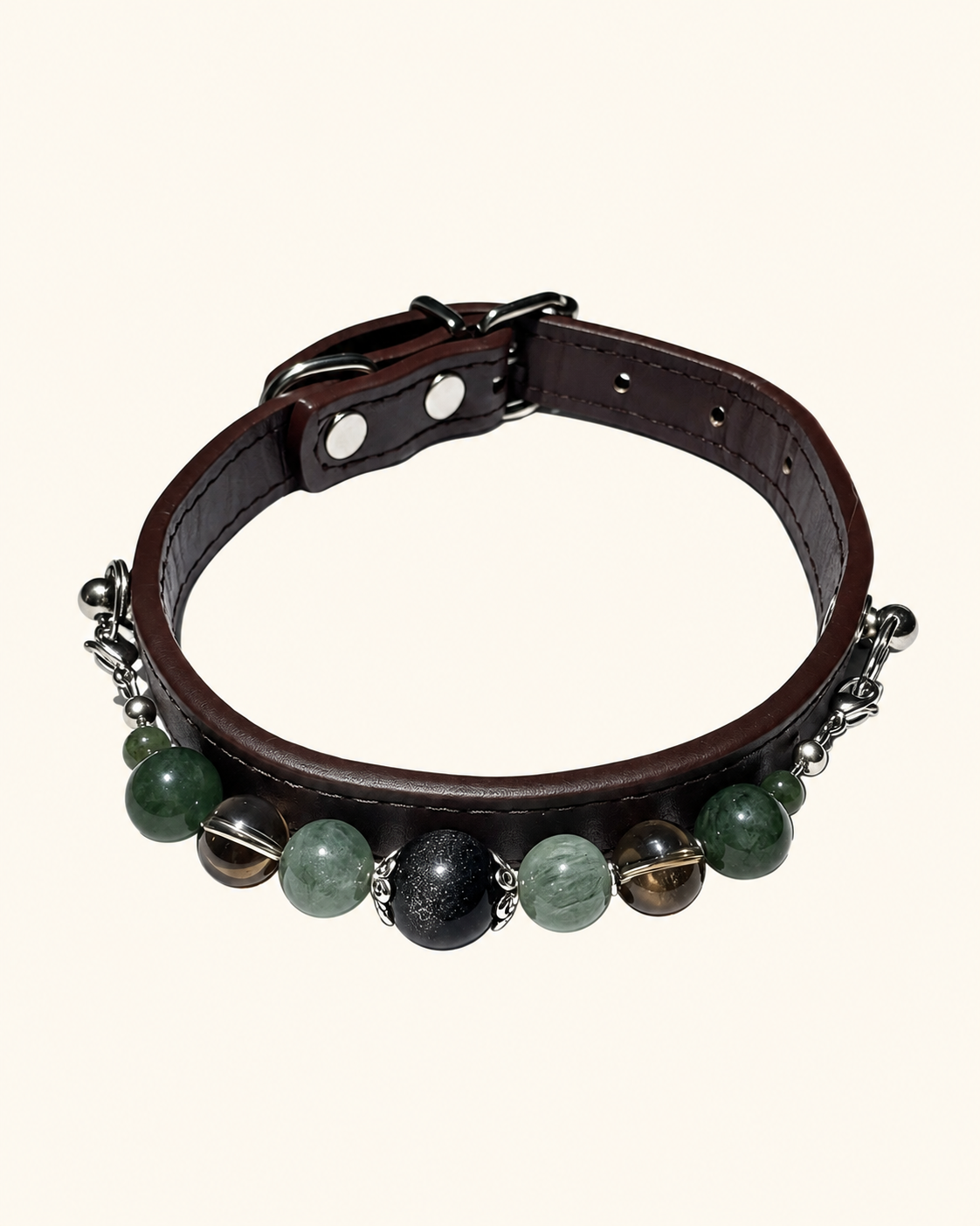Silver Sheen Obsidian Crystal Pet Collar – Smoky Quartz, Jade & Dark Brown Band