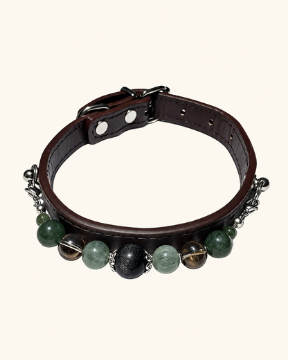 Silver Sheen Obsidian Crystal Pet Collar – Smoky Quartz, Jade & Dark Brown Band