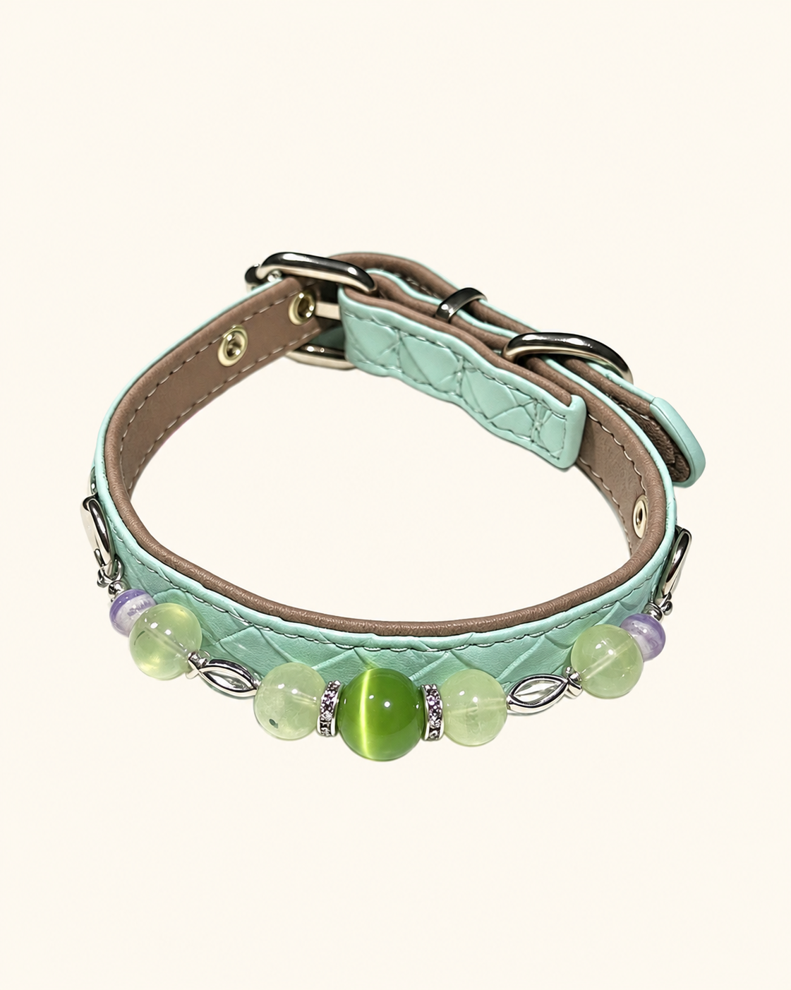 Prehnite Crystal Pet Collar – Soft Green Style | Amethyst & Cat’s Eye Glass