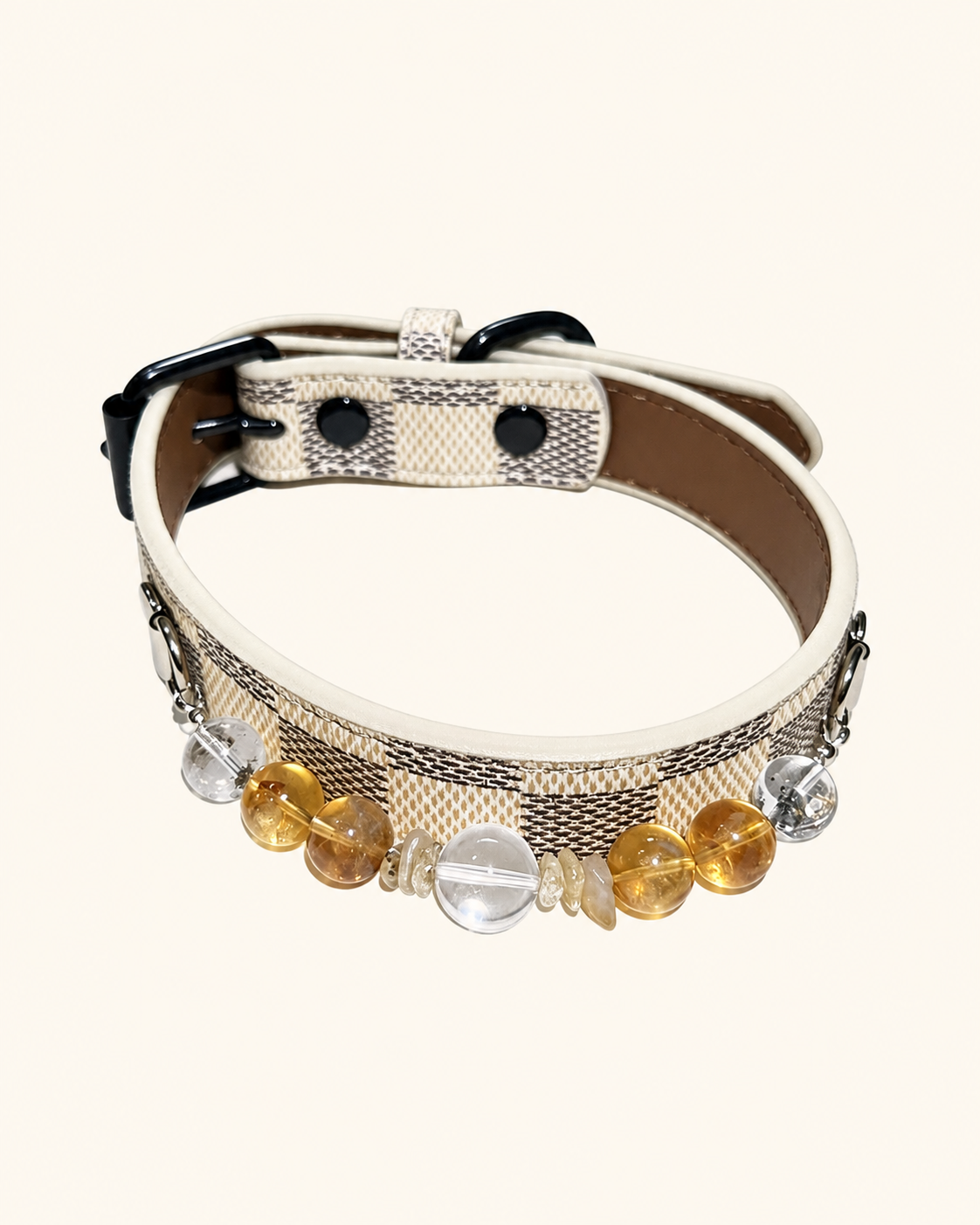 Yellow Tower Crystal Pet Collar – White Quartz, Green Phantom Quartz & Checkerboard Band