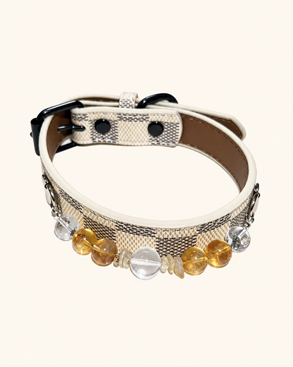 Yellow Tower Crystal Pet Collar – White Quartz, Green Phantom Quartz & Checkerboard Band