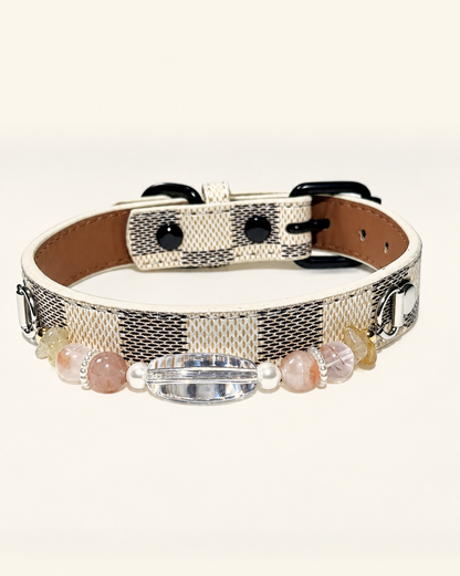 White Quartz Crystal Pet Collar – Rabbit Hair Quartz, Shell Beads & Checkerboard Band