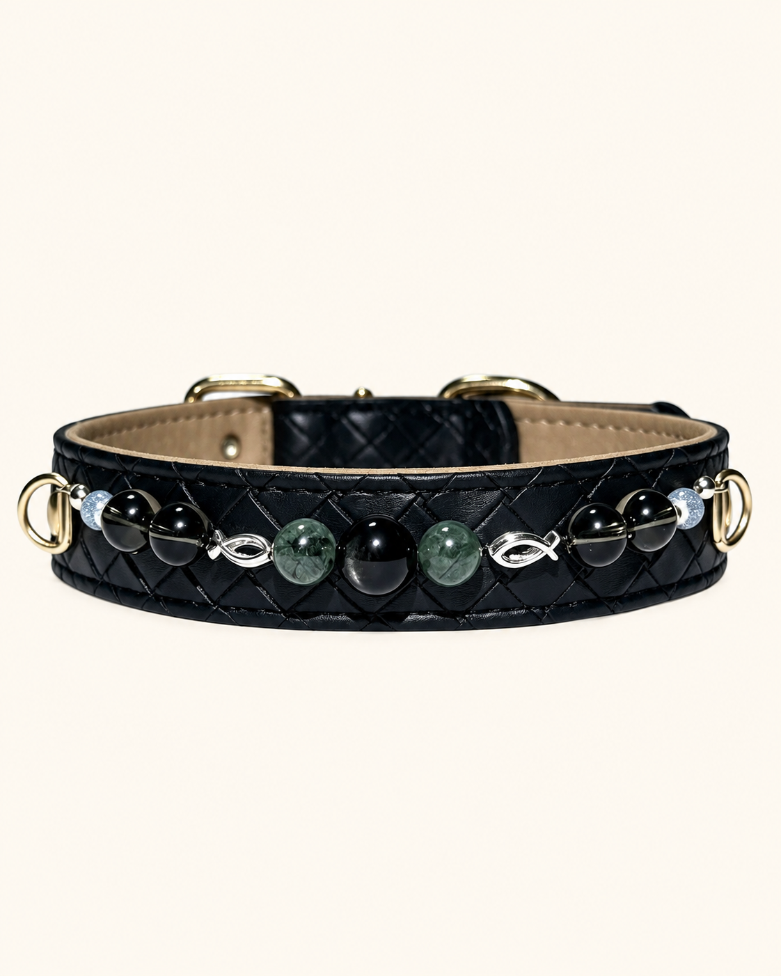 Obsidian Crystal Pet Collar – Smoky Quartz, Jade & Black Diamond-Pattern Band