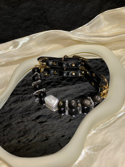 Midnight Baroque crystal pet collar with black adjustable strap and gold-tone details