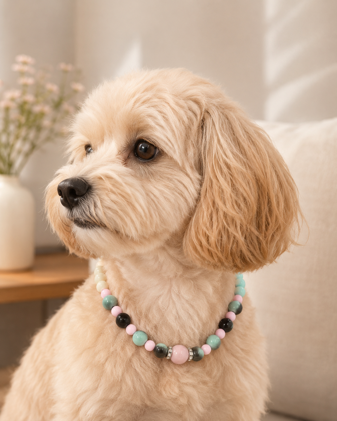 Side portrait of small dog wearing pastel beaded necklace
