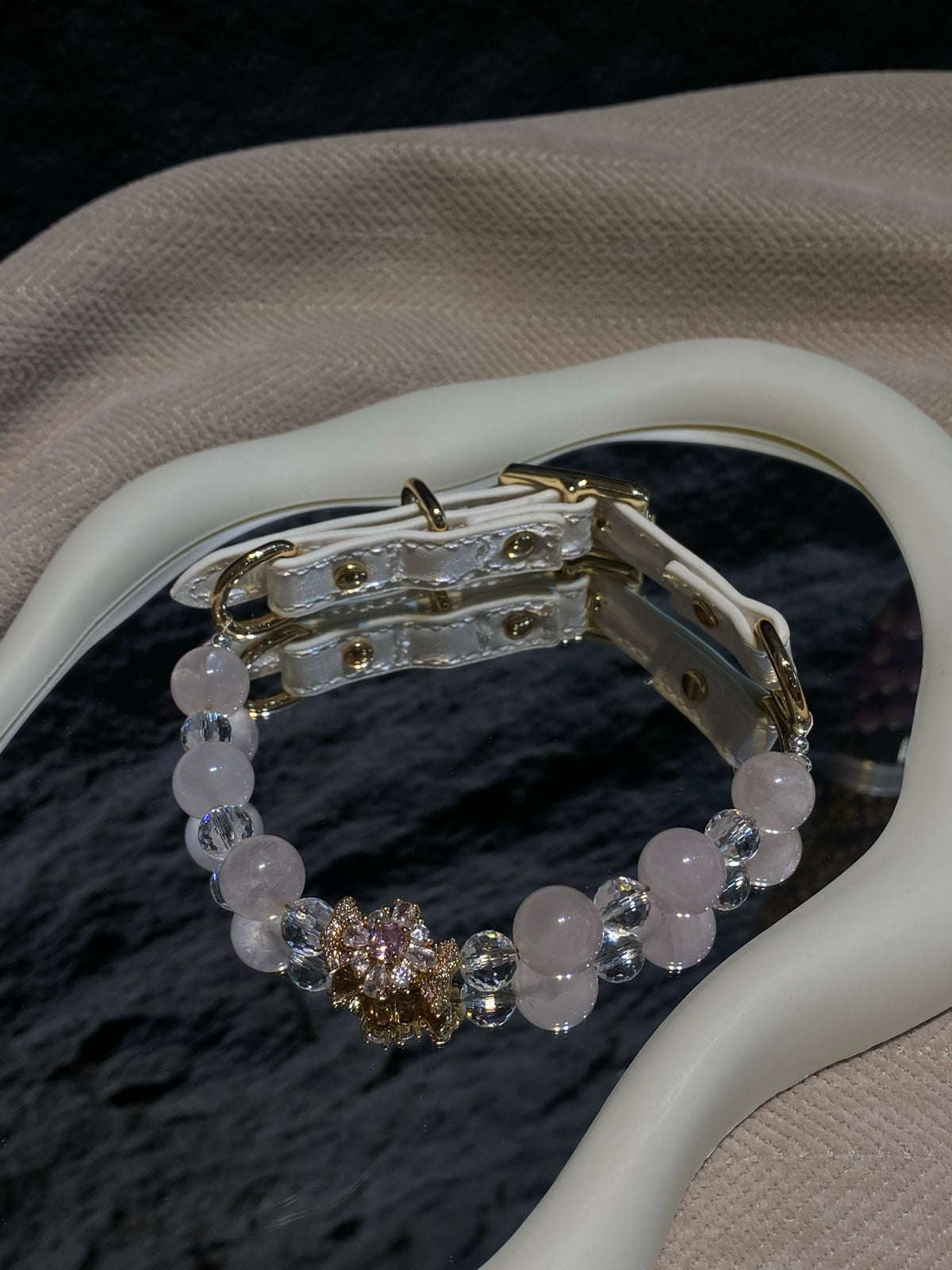 Blush Bow pet collar showing white adjustable strap and gold-tone hardware