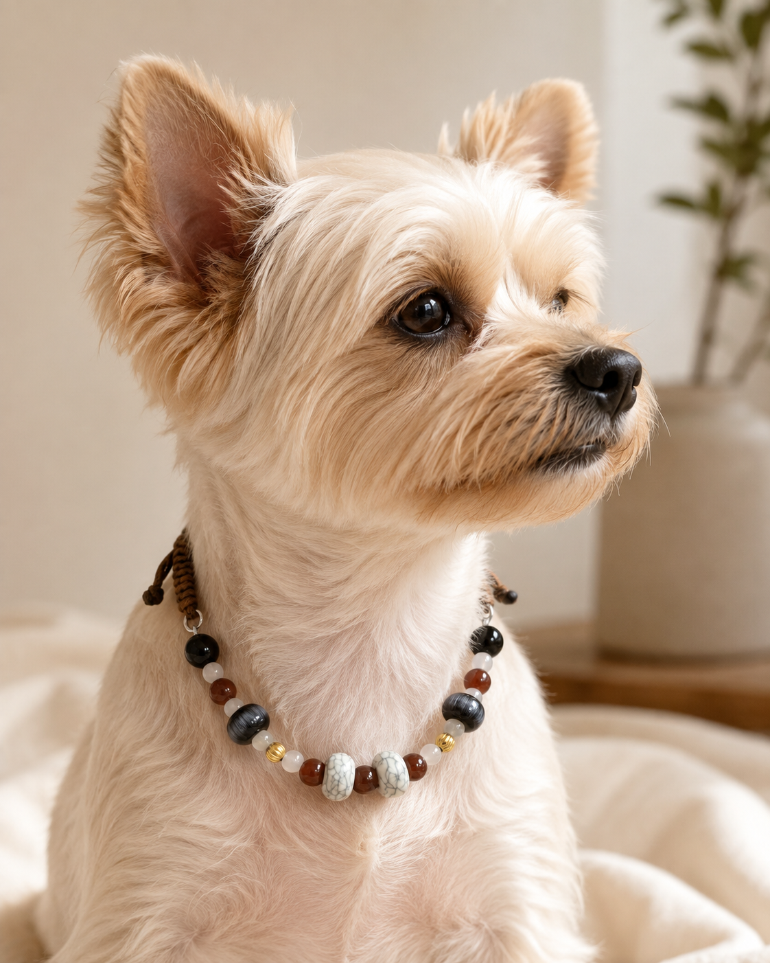 Side portrait of small dog wearing Smoky Cocoa adjustable beaded necklace