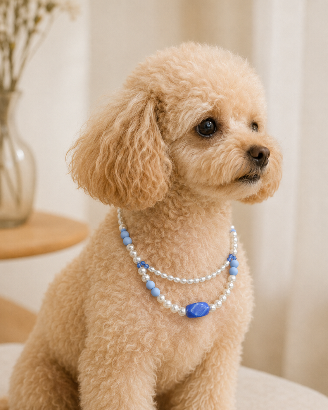 A small beige poodle wearing a double-strand pet collar made of white faux pearls and light blue beads, sitting indoors against a soft cream background.