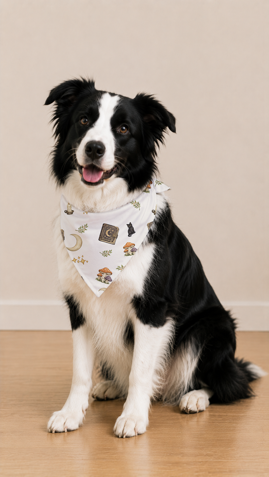 A black and white dog sitting on a wooden floor against a beige wall, wearing a white bandana with a whimsical print of a crescent moon, spiderwebs, stars, and small cartoon characters.