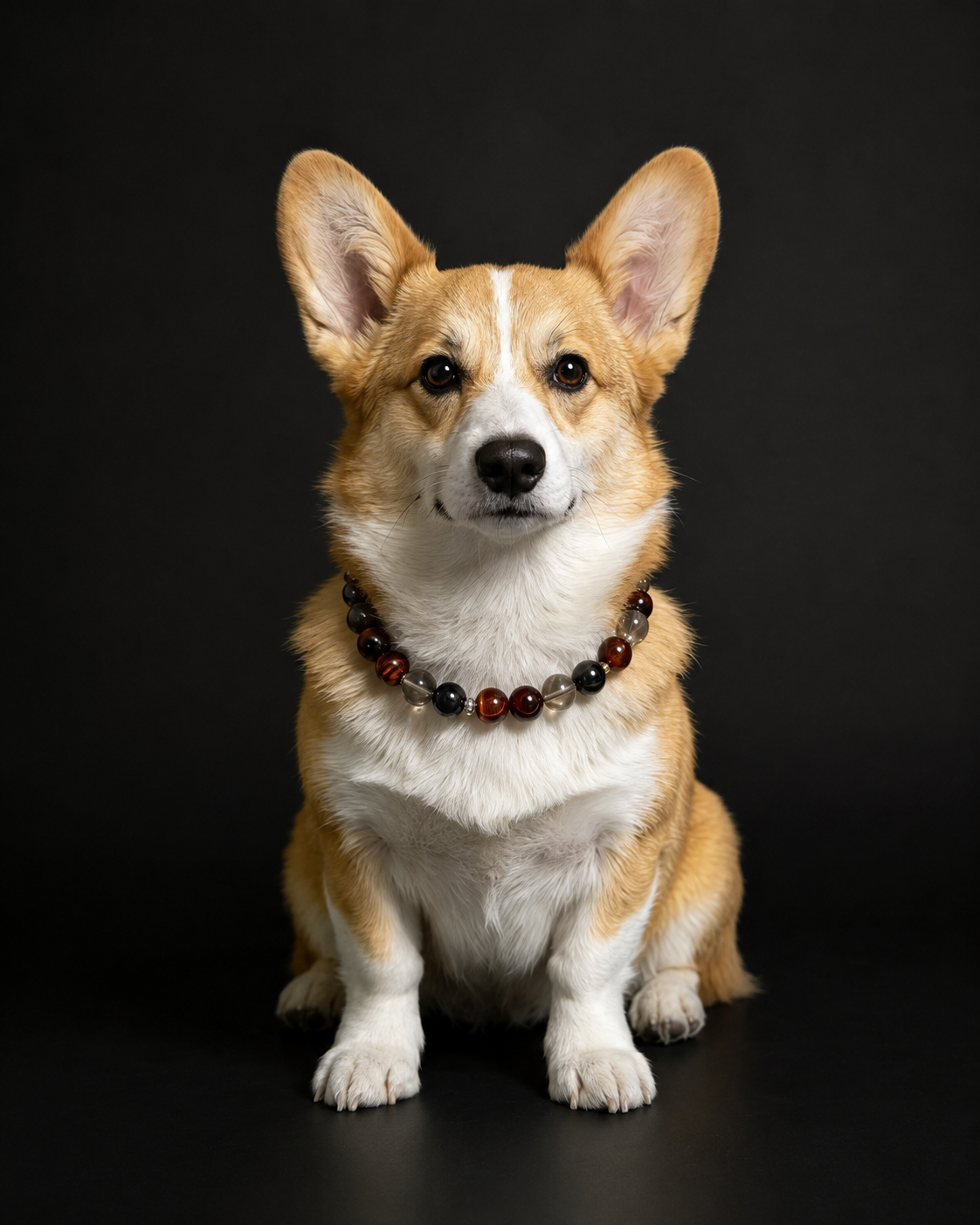 Corgi wearing a Smoky Ember crystal pet collar with dark red, black and smoky beads
