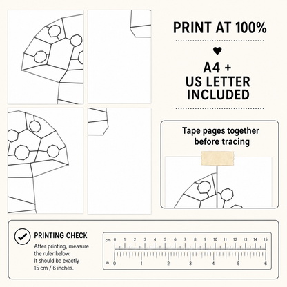 Instructional graphic for a tracing paper set, showing black line art templates on white sheets, text reading 'PRINT AT 100%', 'A4 + US LETTER INCLUDED', a tape-page assembly example, and a 15 cm printing check ruler at the bottom.
