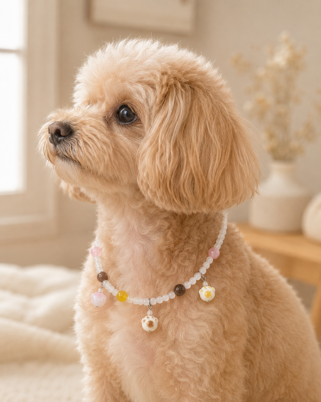 Side portrait of small dog wearing paw charm beaded necklace