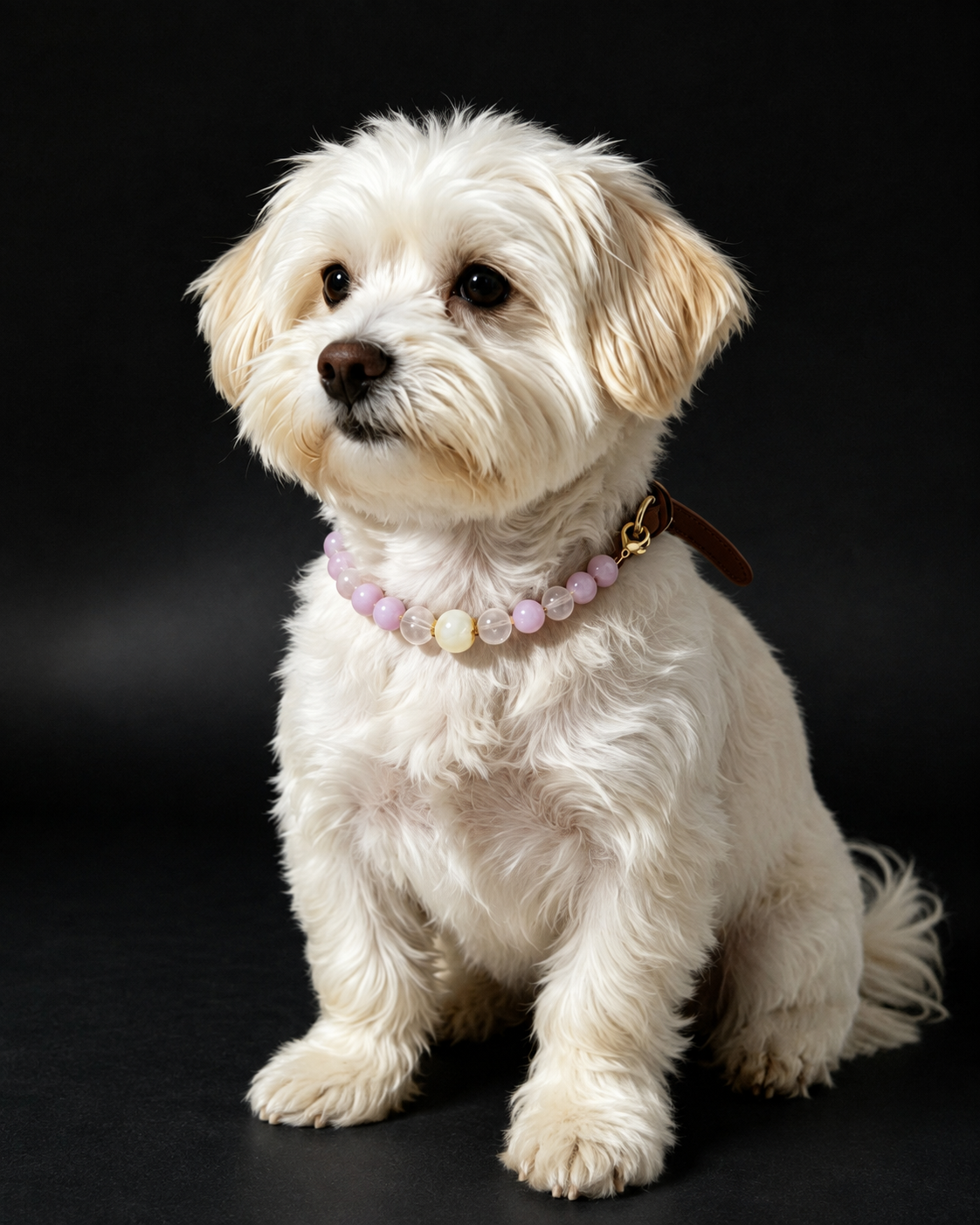 Small white dog wearing a Soft Lavender crystal pet collar with pastel purple and blush beads