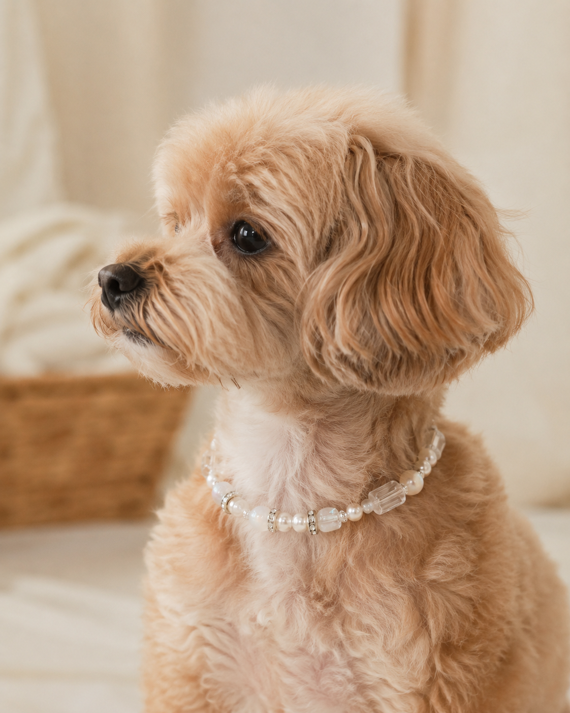 Side portrait of a small apricot dog wearing the Ivory Glow beaded pet necklace