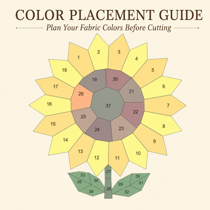 A color placement guide diagram showing a stylized sunflower with numbered fabric color sections on a light beige background. The text at the top reads 'COLOR PLACEMENT GUIDE' and 'Plan Your Fabric Colors Before Cutting'.