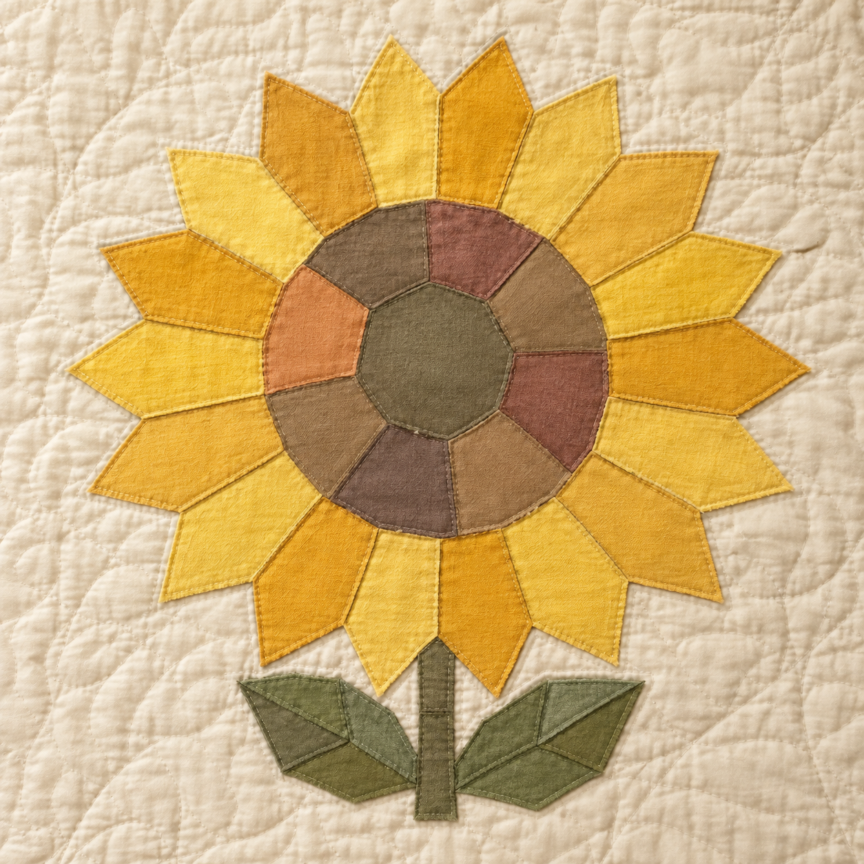 A close-up of a quilted fabric featuring a stylized sunflower applique with yellow and orange petals, a brown and olive center, and green leaves on a cream-colored quilt.