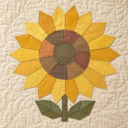 A close-up of a quilted fabric featuring a stylized sunflower applique with yellow and orange petals, a brown and olive center, and green leaves on a cream-colored quilt.