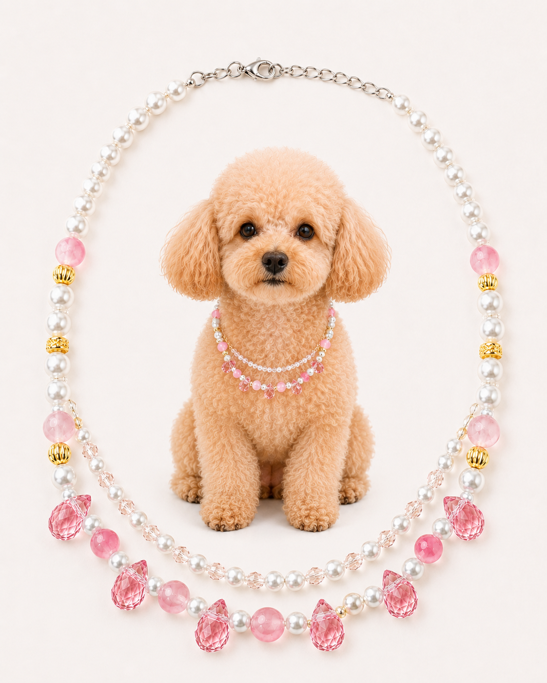 A small tan poodle sits centered against a light cream background wearing a double-strand beaded necklace with white faux pearls, pink faceted beads, and small gold accents. The necklace is arranged in an oval around the dog, which appears to be modeling the product.