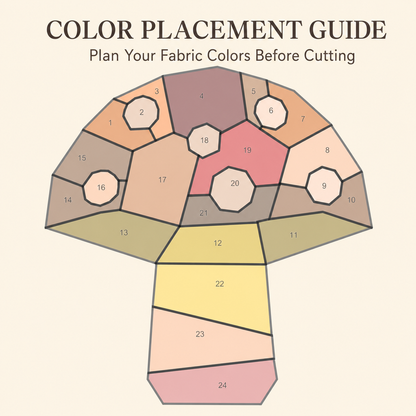 A mushroom-shaped fabric color placement guide with numbered sections in muted pastel tones including peach, pink, beige, yellow, and taupe, on a light cream background. The title reads 'COLOR PLACEMENT GUIDE' and the subtitle says 'Plan Your Fabric Colors Before Cutting.