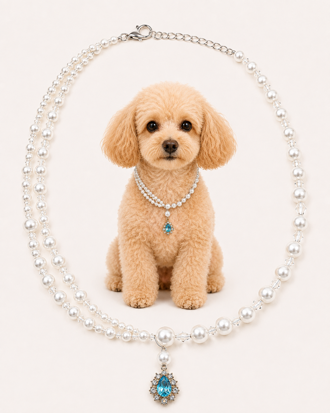 A double-strand pearl necklace with a silver-tone chain and a teardrop-shaped blue gemstone pendant, displayed around a small tan poodle on a light cream background.