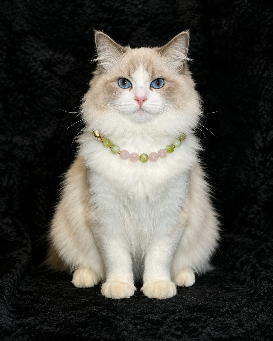 Fluffy cat wearing a Green Mist & Peach crystal pet collar with pink and green beads