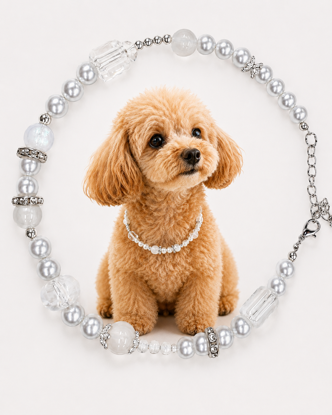 A small fluffy tan dog sits centered against a light gray background, wearing a pearl-style collar necklace. Around the dog is a larger matching collar necklace made of silver-tone beads, faux pearls, clear faceted beads, and rhinestone accents.
