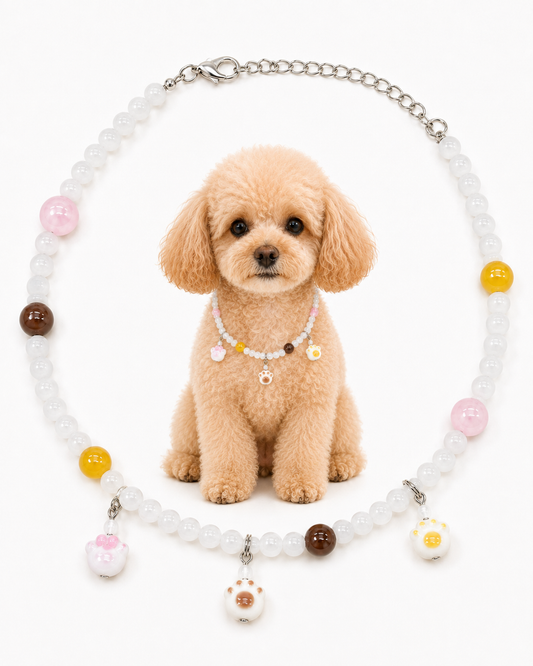 A small tan poodle sits centered in front of a beaded pet collar necklace on a white background. The necklace has translucent white beads, a silver chain, and colorful round beads and charms in pink, yellow, brown, and white with a paw-print detail.