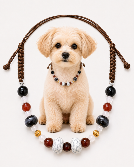A small cream-colored dog sits centered against a light gray background, wearing a beaded necklace that is also displayed as a standalone product. The necklace features dark brown braided cord, black and white beads, translucent white beads, reddish-brown beads, and small metallic gold accents.
