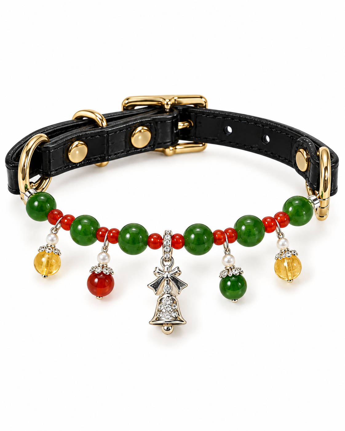 Red & Green Agate Christmas Crystal Pet Collar – Silver Bell