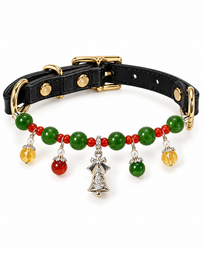 Red & Green Agate Christmas Crystal Pet Collar – Silver Bell