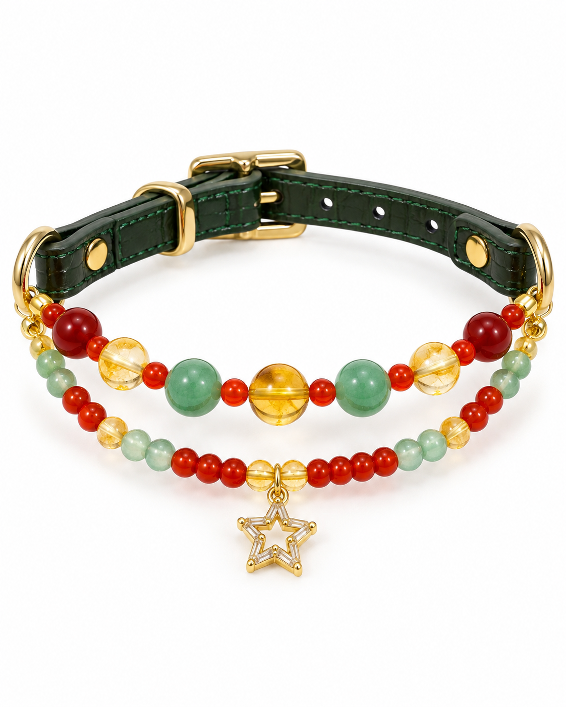 Christmas Star Crystal Pet Collar – Double Strand & Red Agate