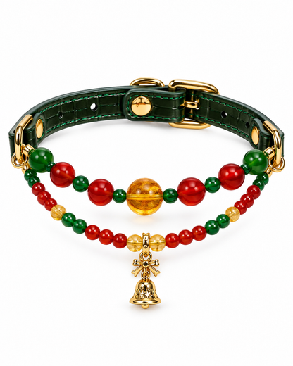 Double-Strand Christmas Crystal Pet Collar – Red & Green Agate