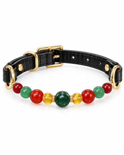 Red Agate & Strawberry Quartz Christmas Crystal Pet Collar – Black Leather