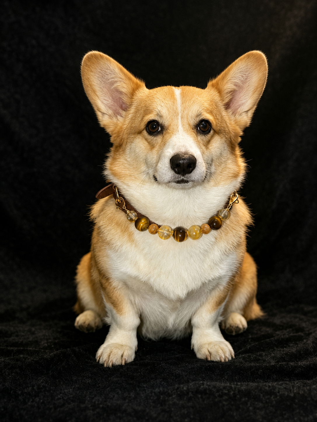 Dog wearing the Jinyao amber crystal pet collar with warm golden-brown beads