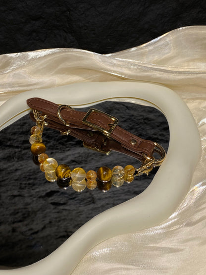 Jinyao beaded pet collar showing brown strap and gold-tone hardware