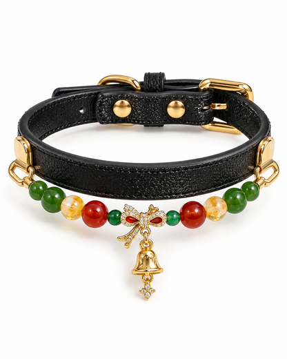 Green Agate Christmas Crystal Pet Collar – Red Agate & Gold Bell