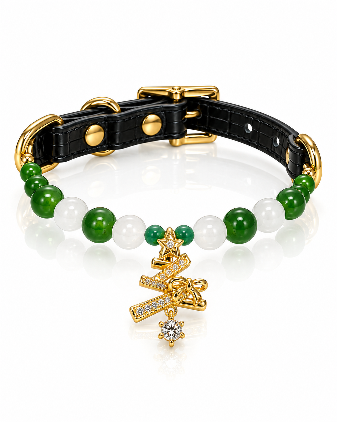 Green Agate Christmas Crystal Pet Collar – White Phantom Quartz