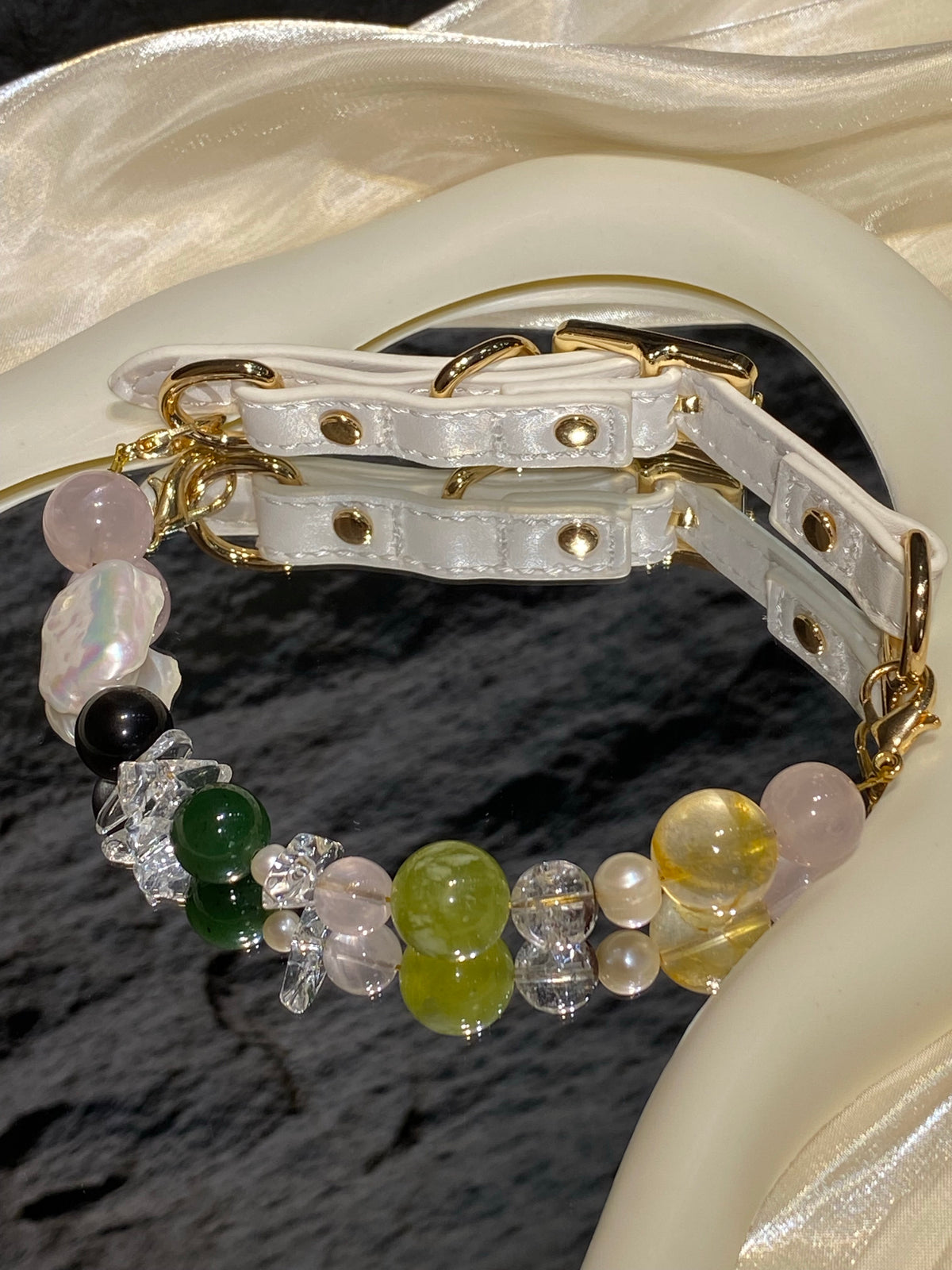 Qingwu multi-stone crystal pet collar with colorful beads, white strap and gold-tone hardware