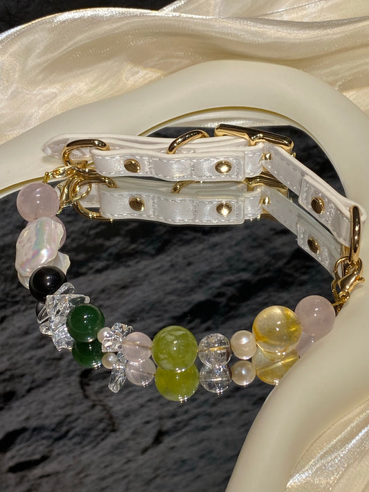 Qingwu multi-stone crystal pet collar with colorful beads, white strap and gold-tone hardware