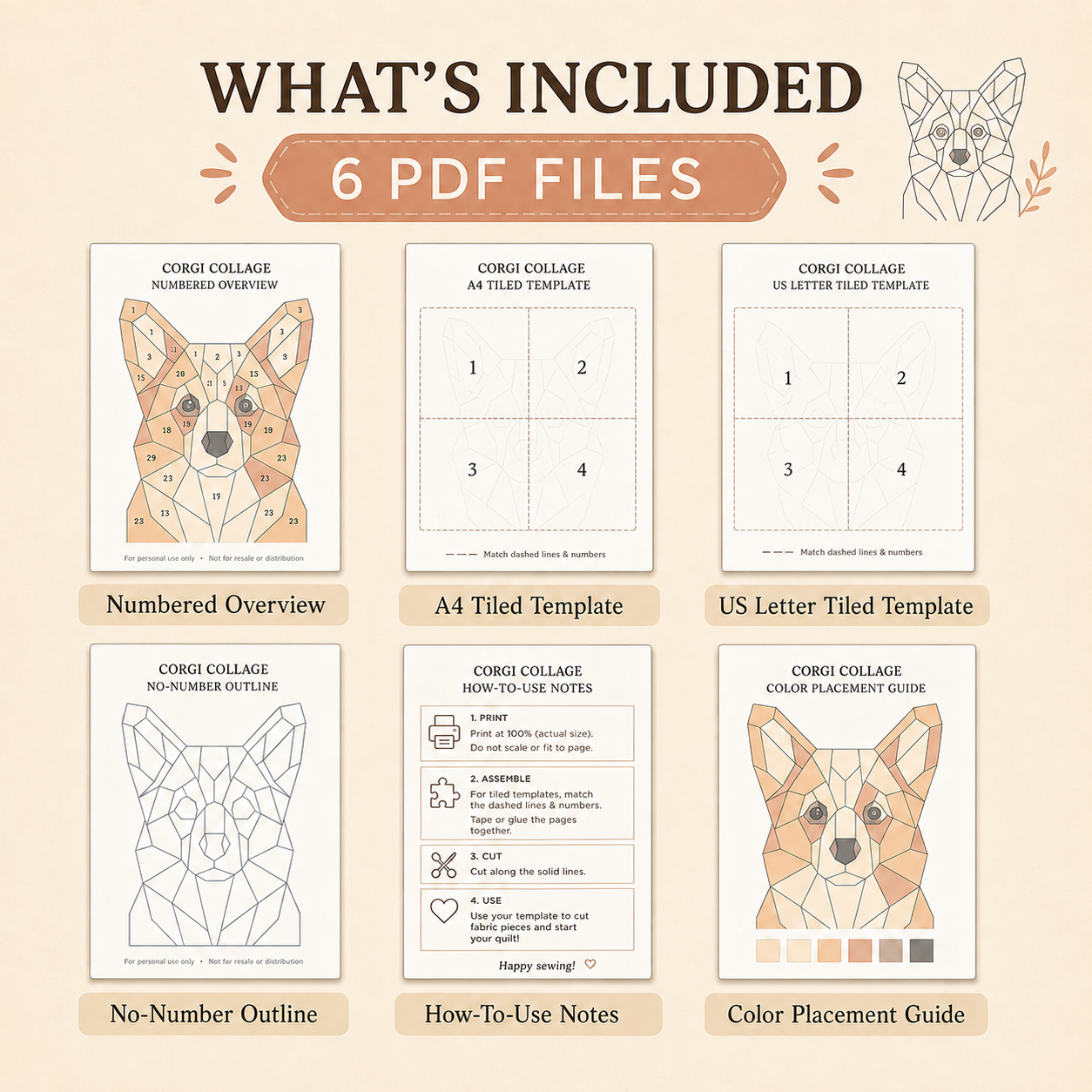 A promotional graphic showing what is included for a dog collage template bundle: six PDF files labeled Numbered Overview, A4 Tiled Template, US Letter Tiled Template, No-Number Outline, How-To-Use Notes, and Color Placement Guide. The design features a beige background with a tan title banner and six labeled template previews with illustrated collaged dog faces.