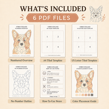 A promotional graphic showing what is included for a dog collage template bundle: six PDF files labeled Numbered Overview, A4 Tiled Template, US Letter Tiled Template, No-Number Outline, How-To-Use Notes, and Color Placement Guide. The design features a beige background with a tan title banner and six labeled template previews with illustrated collaged dog faces.