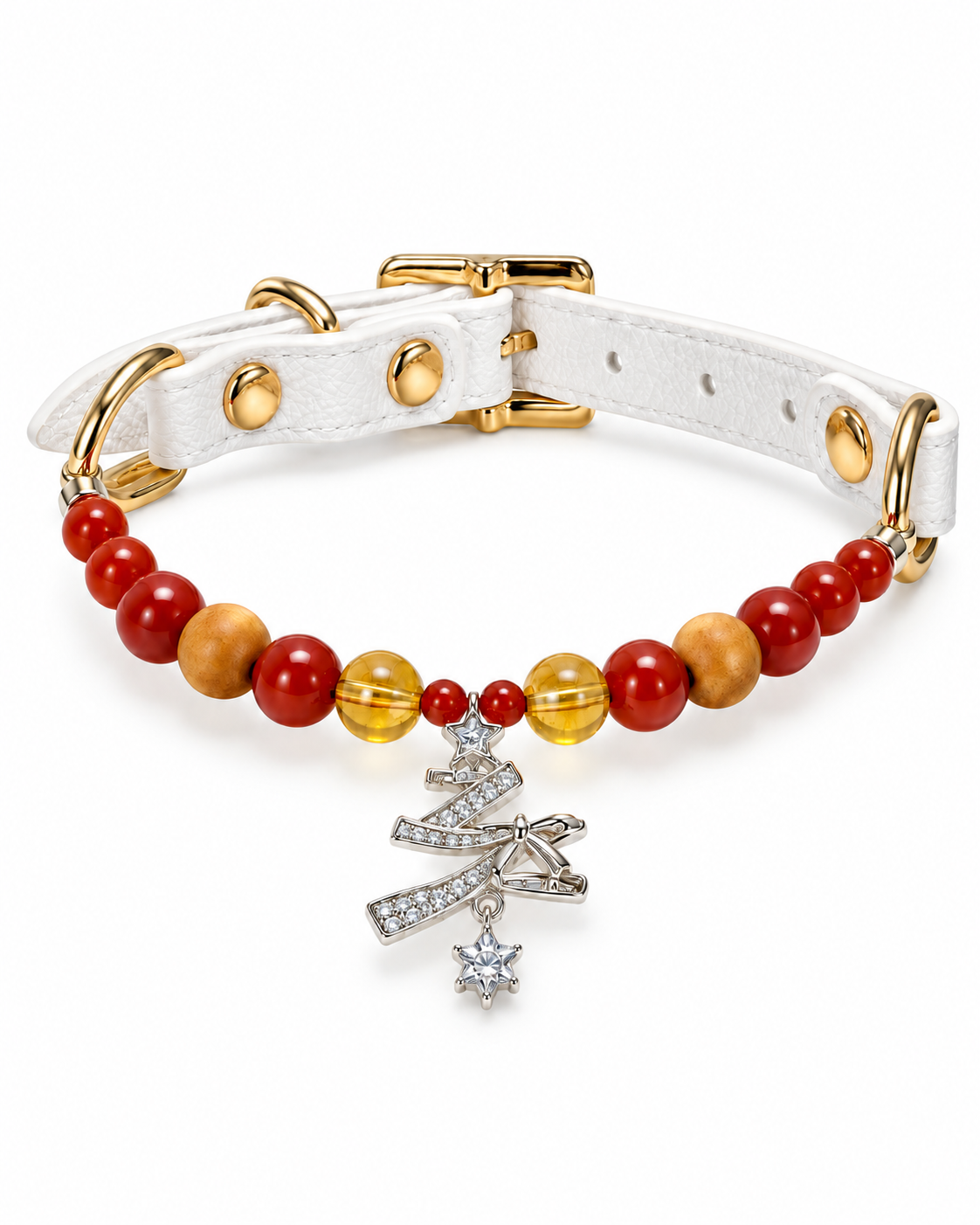 Red Agate Christmas Crystal Pet Collar – Sandalwood & Tree Charm