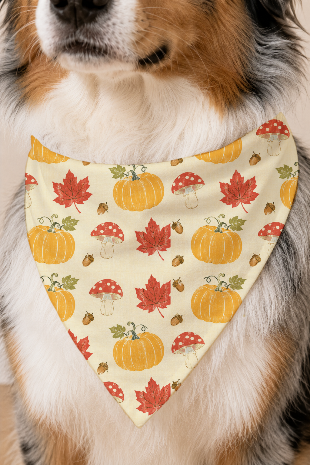A close-up of a dog wearing a cream-colored bandana with an autumn pattern of orange pumpkins, red maple leaves, red-and-white mushrooms, and acorns.