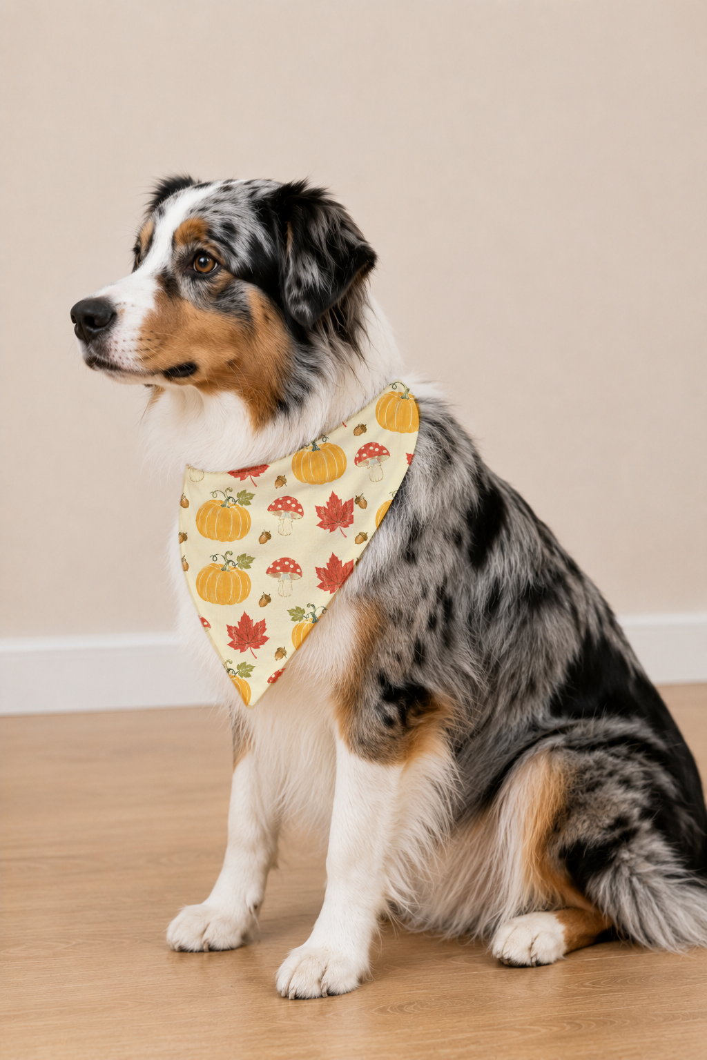A blue merle Australian Shepherd dog sits on a light wood floor wearing a beige bandana with a pumpkin and autumn leaf pattern.