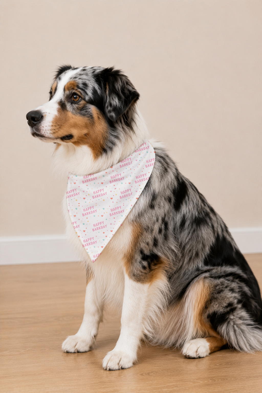 A dog wearing a pink and white patterned bandana, sitting on a light wood floor against a beige wall.