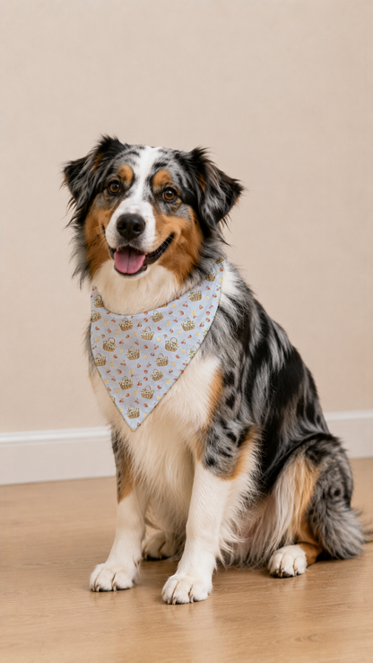 A tricolor Australian Shepherd dog wearing a light blue patterned bandana, sitting on a light wood floor against a beige wall.